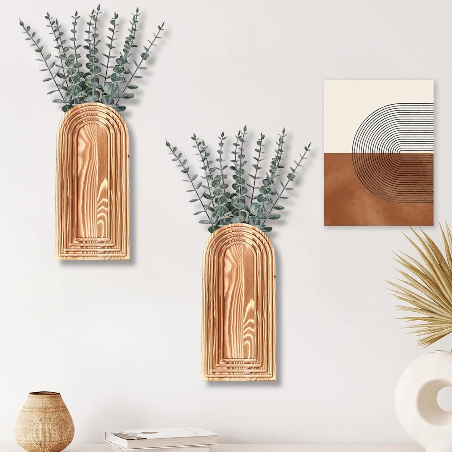 2 Pack Wooden Wall Vase Set - Brown Finish Modern Farmhouse & Boho Wall Decor para sa Entryway, Hallway, Bathroom, Living Room, Dining Room, Narrow Spaces - Image 4