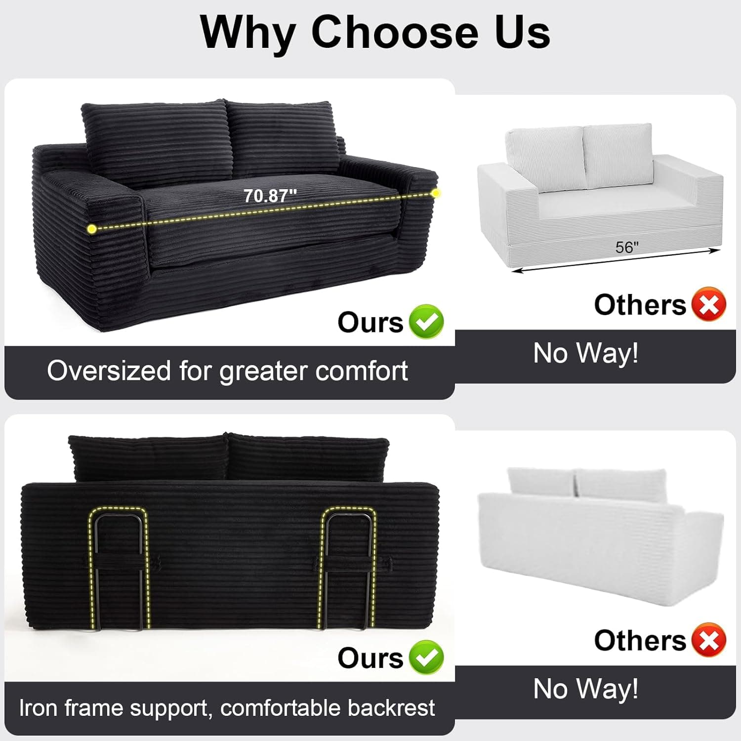 GNIXUU 71" Corduroy Cloud Loveseat Sofa, 2 in 1 Convertible Black Boneless Sleeper Sofa with Fixed-Shape Frame, Comfy Folding Love Seat Couches for Living Room, Apartment, Small Spaces - Image 4