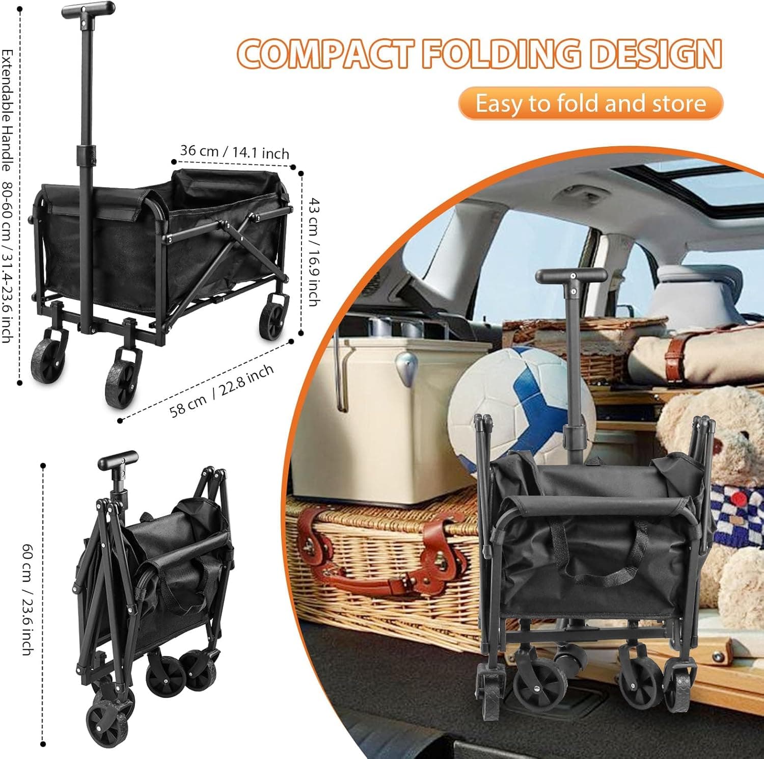 Collapsible Wagon Cart Foldable 220lbs Capacity,Lightweight Portable Beach Wagon, Shopping Carts with Wheels for Grocery,5" Removable Wheels & Adjustable Camping, Shopping, Beach, Fishing, Garden Cart - Image 4