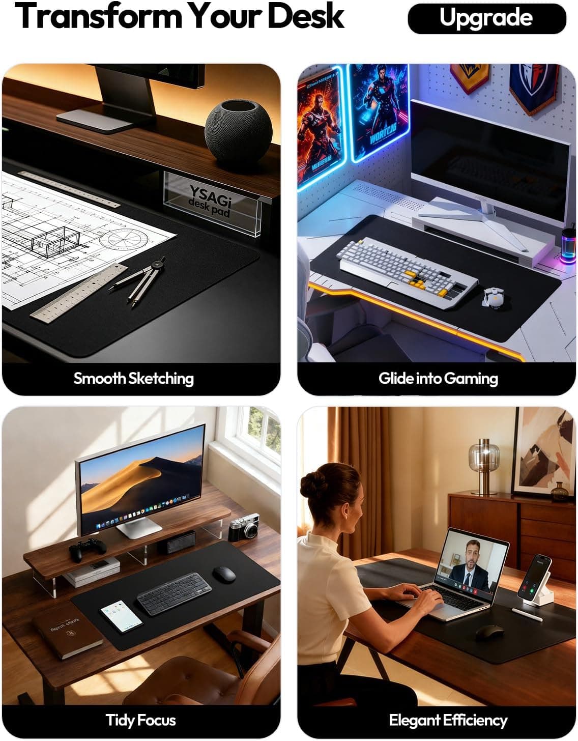 YSAGi Leather Office Desk Pad Protector, Large Mouse Pad, Non-Slip, PU Leather, Laptop Desk Blotter, Waterproof Writing Pad for Office and Home, Black, 23.6" x 13.8" Black 23.6" x 13.8" - Image 2