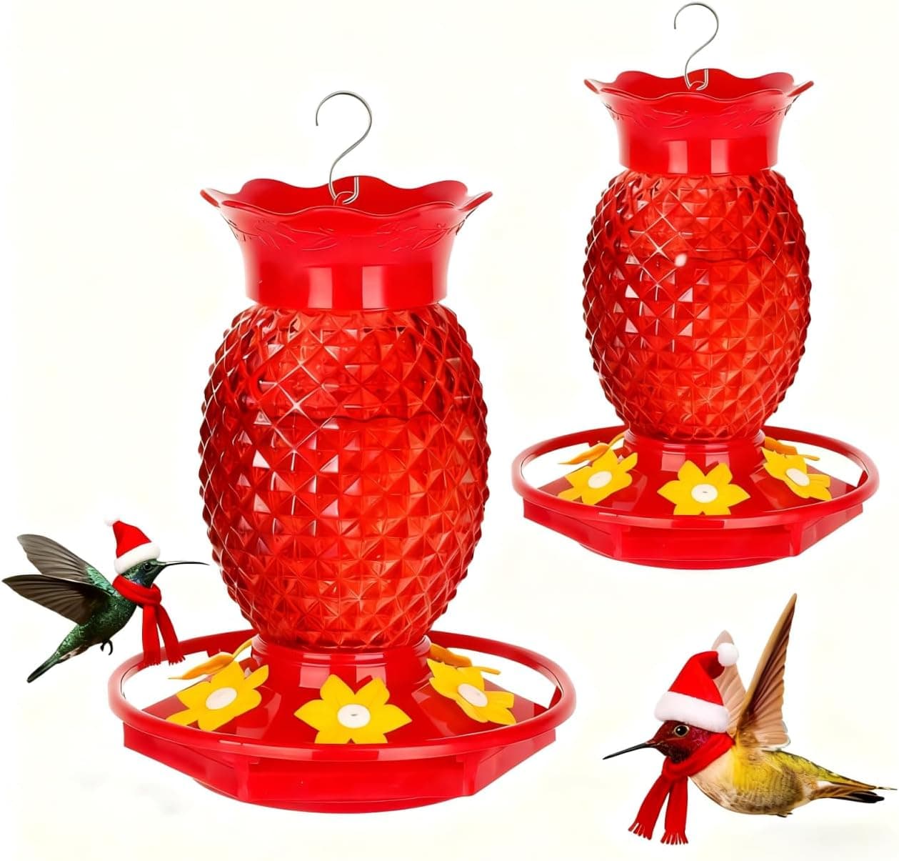 Glass Hummingbird Feeders for Outdoors Hanging Ant and Bee Proof 16OZ 2 Pack Red Pineapple Humming Bird Feeder with 6 Feeding Ports and Ant Moat Hummingbird Gifts for Women Garden Decor 2 16 OZ - Image 2
