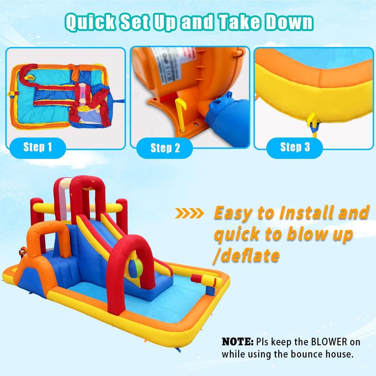 充气蹦床障碍赛道，带湿滑或干滑滑梯、球池、攀爬墙、拳击球、小型攀爬&滑梯 - 适合3-8岁儿童的后院和室内蹦床城堡 - Image 9