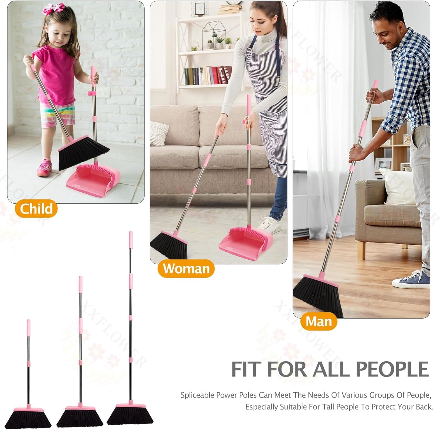 Broom and Dustpan Set, Dustpans with Broom Combo for Home, Heavy Dust Broom and Dustpan Combo, Long Handle Dust Pan and Broom Set for Kitchen, Office, Pet Hair,Pink, Pack of 1 - Image 9