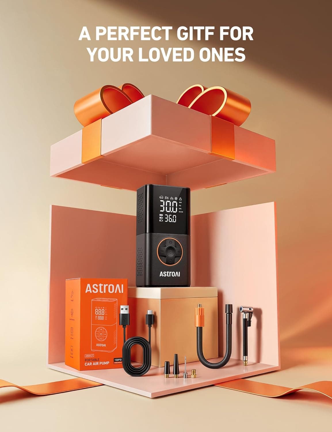 AstroAI L7 Tire Inflator Portable Air Compressor Cordless Mini Bike Pump with Digital Dual Values Display, 150 PSI Car Tires Air Pump with LED Lights&Pressure Gauge for Auto, Motorcycles, Bikes, Balls Orange 1 - Image 2