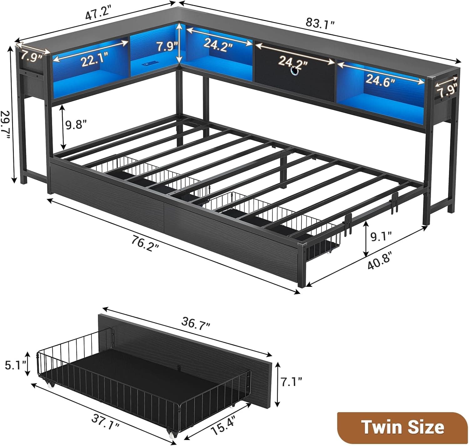 Hasuit Twin Corner Bed Frame with Storage Drawers and Bookcase Headboard, Twin Size Metal Platform Corner Bed Frame with Charging Station and LED Lights, Twin Daybed for Kids Teens Guests, Black Twin Black - Image 4