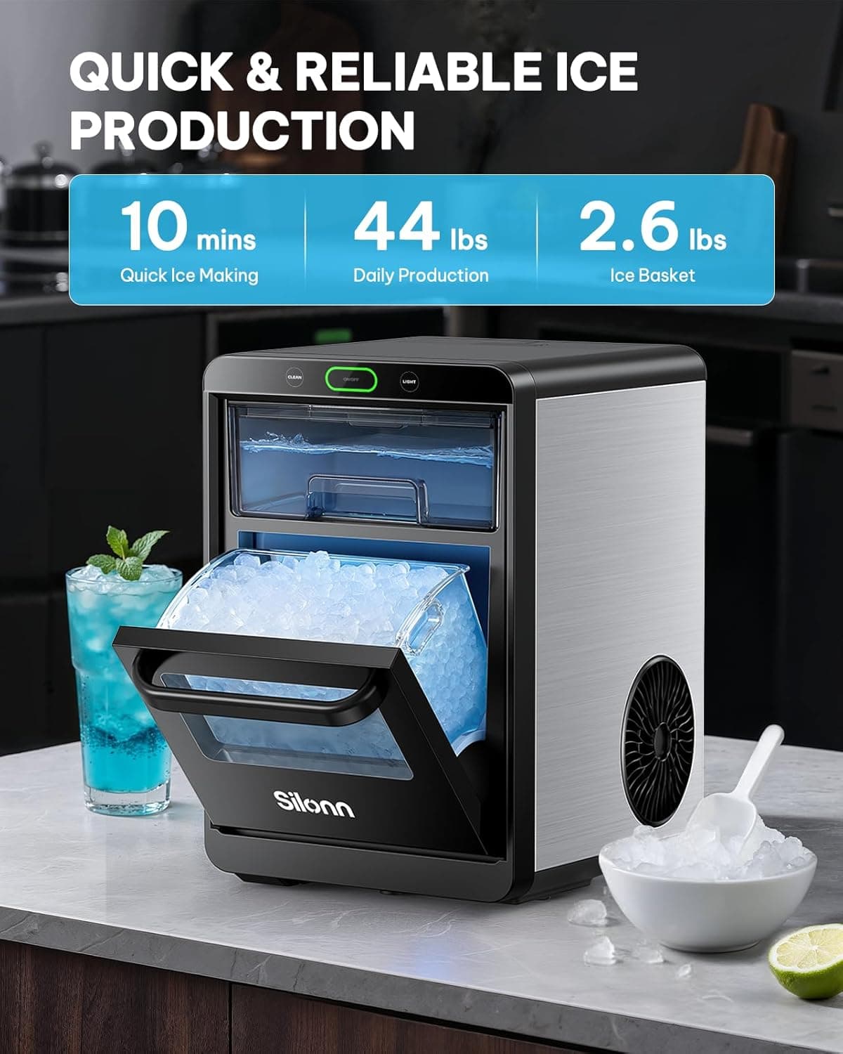 Silonn Nugget Ice Maker Countertop, Crushed Ice Maker & Pebble Ice Machine Produces 44lbs/24h with Front Pull-Out Water Tank & Removable Basket for Home/Kitchen, Stainless Steel Stainless Steel 44lbs - Image 3