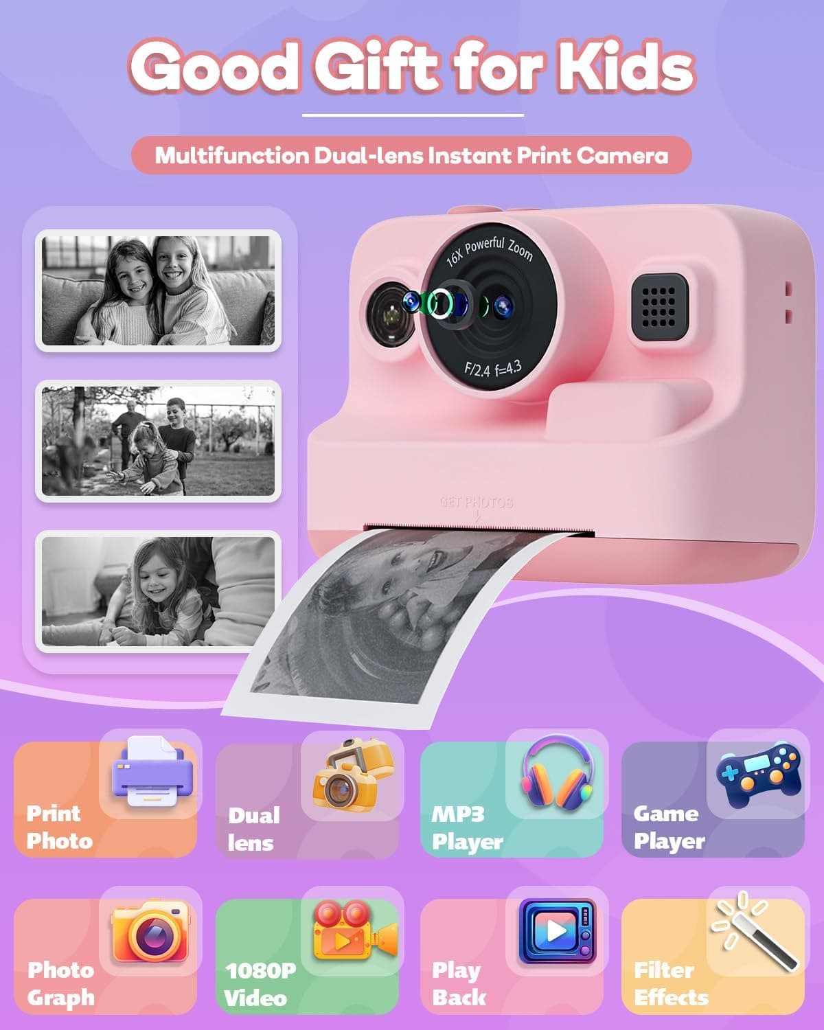 Kids Camera Instant Print,1080P Kids Instant Cameras That Print Photos,Christmas Birthday Gifts for Girls Age 3-12,Portable Toy for 3 4 5 6 7 8 9 10 Year Old Girls Boys Pink - Image 2