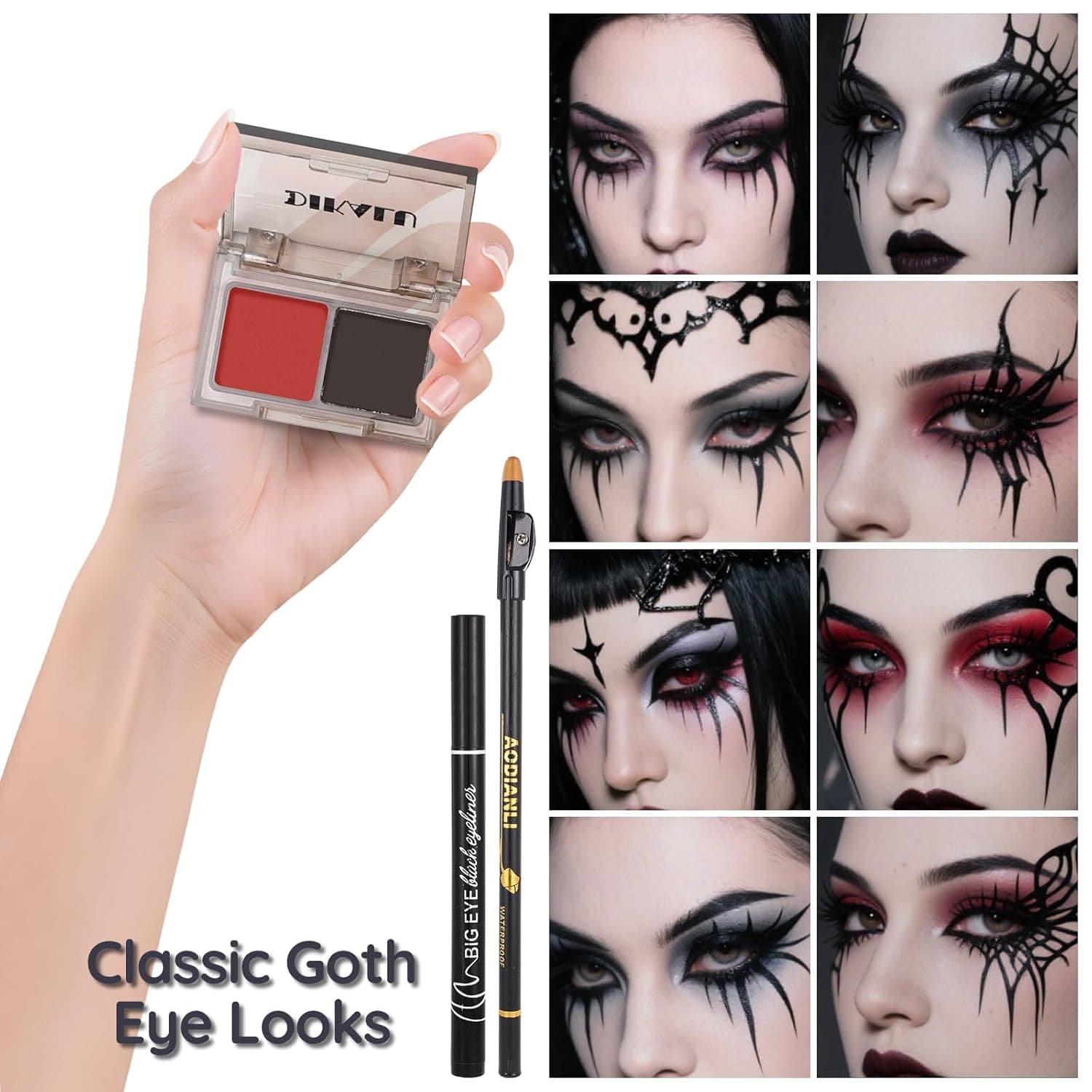 Halloween Goth SFX Makeup Kit, Complete Gothic Makeup Set Include White Liquid Foundation, Eyeliner, Setting Powder, Eyeshadow & Black Lipstick for Halloween Cosplay, Carnival, Theater - Image 7