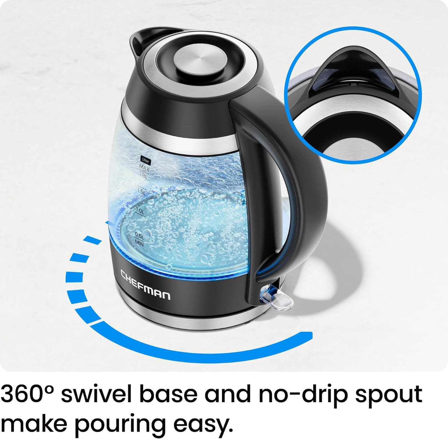 Chefman Electric Kettle, 1.8L 1500W, Hot Water Boiler, Removable Lid for Easy Cleaning, Auto Shut Off, Boil-Dry Protection, Stainless Steel Filter, BPA Free, Borosilicate Glass Electric Tea Kettle Black - Image 6