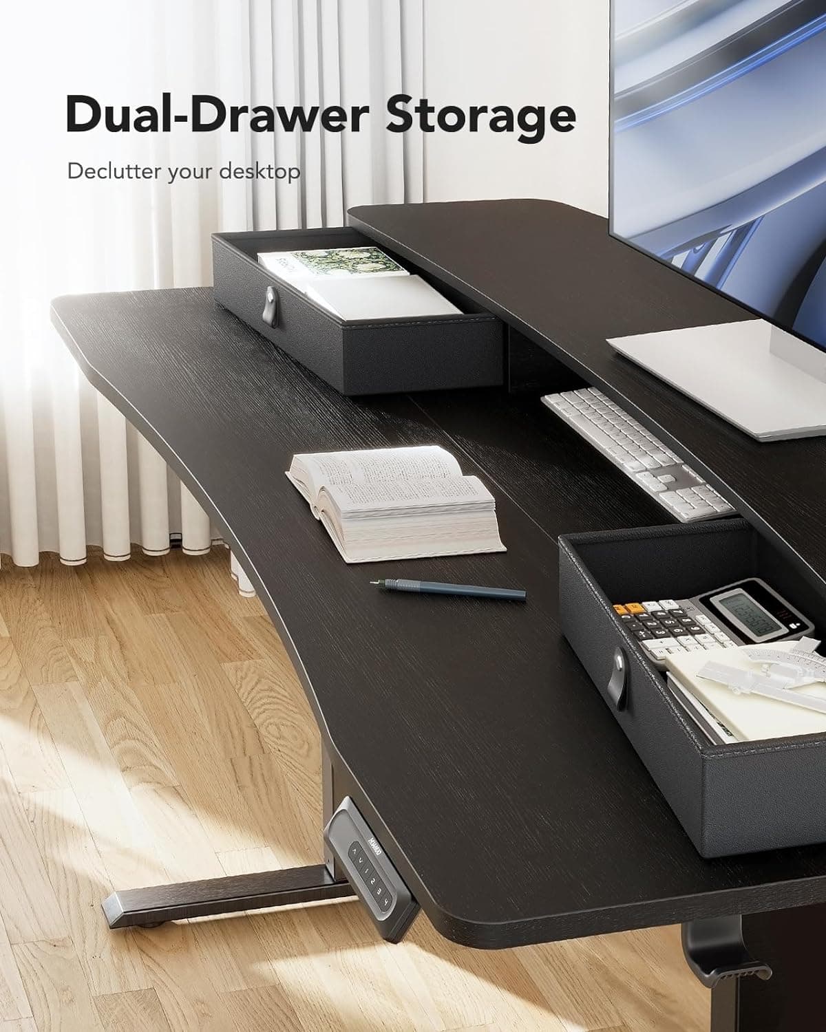 HUANUO 48″ x 24″ Electric Standing Desk with 2 Drawers, C-Clamp Mount Compatible, Height Adjustable Computer Desk, Home Office Stand Up Desk with 4 Preset Heights & 2 Hooks, Black Black 48" x 24" - Image 5