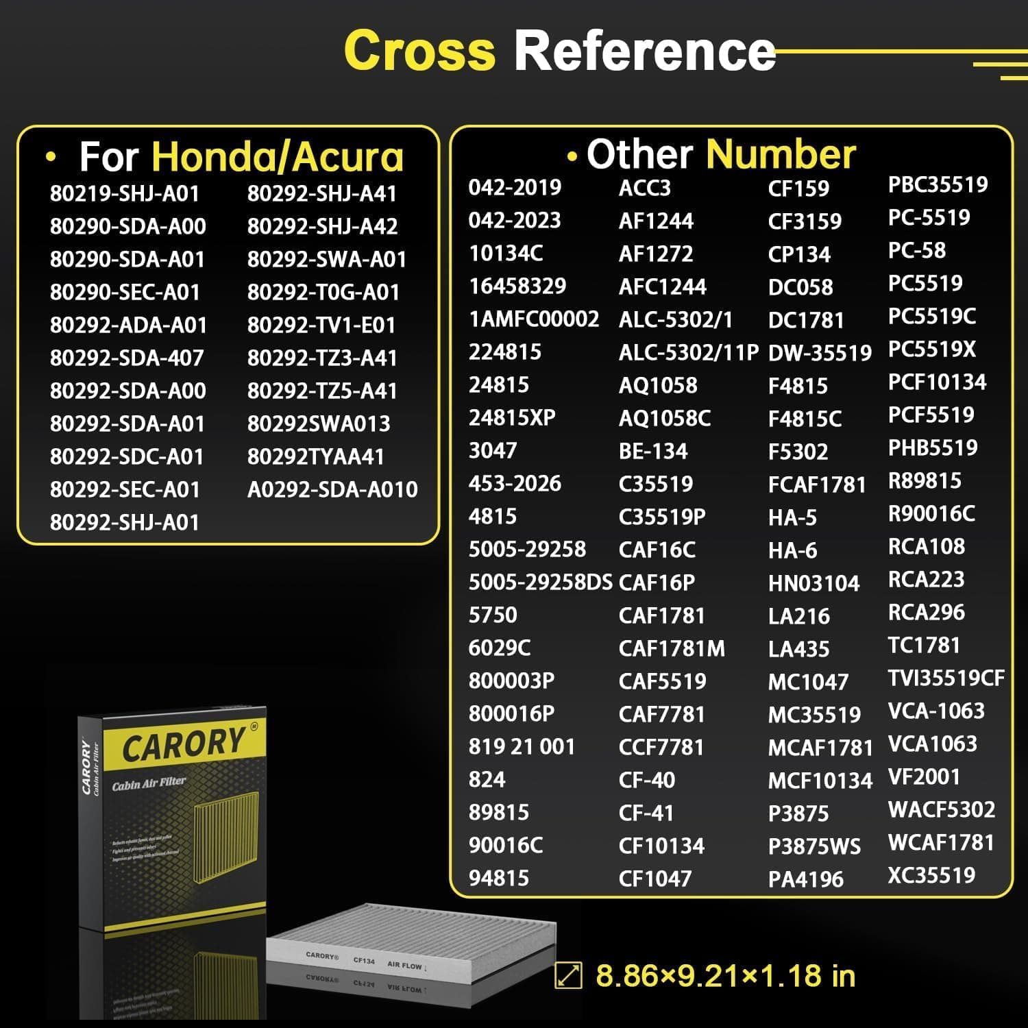 Cabin Air Filter w/Activated Carbon for Honda Accord 2003–2022, Civic 2006–2015, CR-V 2007–2016, Odyssey 2005–2017, Pilot 2009–2022, Ridgeline 2006–2025, Acura MDX 2007–2020 and More CF134 - Image 3
