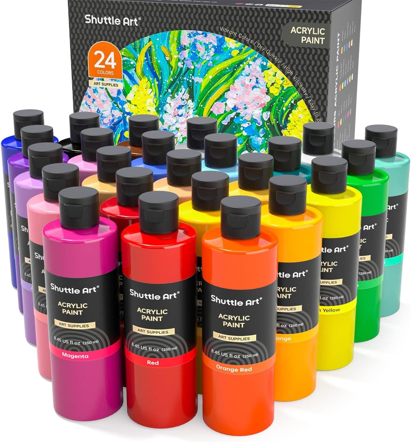 Shuttle Art Acrylic Paint, 24 Colors Acrylic Paint Bottle Set, 250ml/8.45oz Each, Rich Pigments, High Viscosity, Bulk for Artists, Beginners and Kids Painting on Rocks Crafts Canvas Wood - Image 2