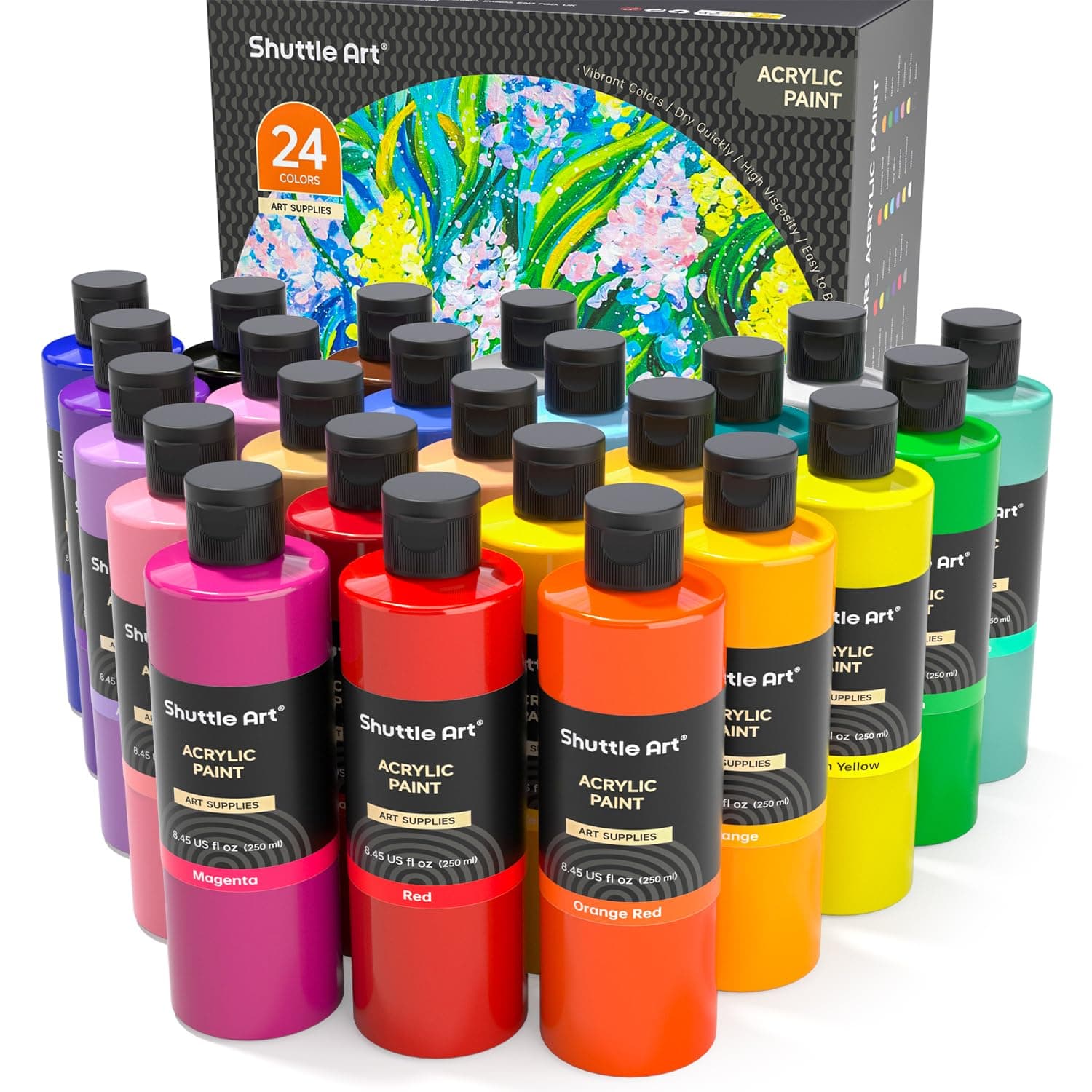 Shuttle Art Acrylic Paint, 24 Colors Acrylic Paint Bottle Set, 250ml/8.45oz Each, Rich Pigments, High Viscosity, Bulk for Artists, Beginners and Kids Painting on Rocks Crafts Canvas Wood