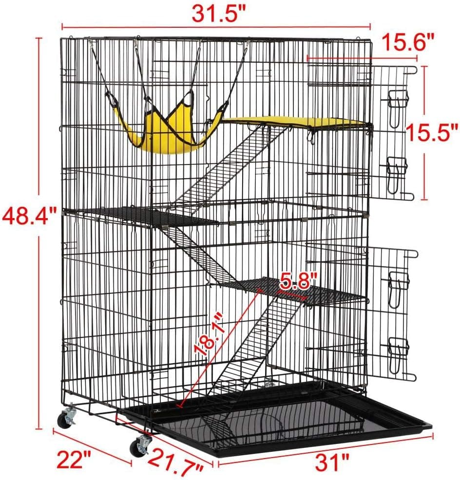 Yaheetech 49'' Collapsible Cat Cage 4-Tier Metal Cat Kennel Ferret Enclosure Chinchilla Cage with Rotating Casters/Ramp/Ladders/Hammock for Indoor Kitten - Image 5