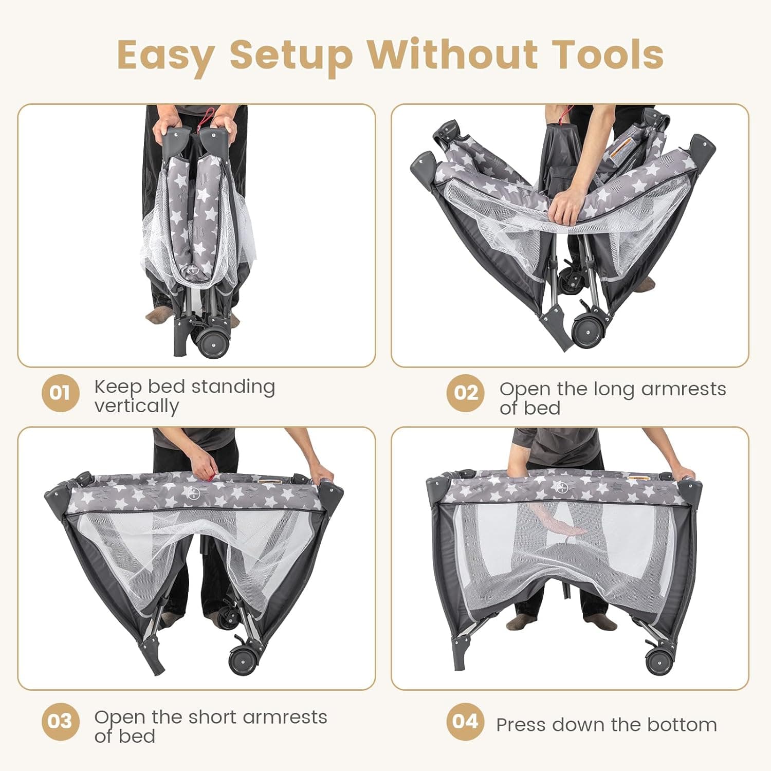 Costzon 3 in 1 Pack and Play with Bassinet, Portable Baby Playard with Changing Table, Music Box, Whirling Toys, Wheels/Brake, Basket, Bag, Foldable Infant Bassinet for Baby Toddlers Indoor Outdoor Gray Little Stars - Image 9