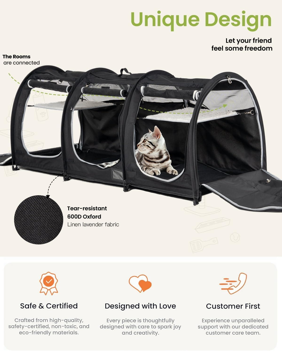 Portable Three Compartment Show House Cat Cage Condo - Easy to Fold & Carry Kennel - Comfy Puppy Home & Dog Travel Crate with Portable Carry Bag,2 Hammocks,3 Mats and Collapsible Litter Boxs Black - Image 5