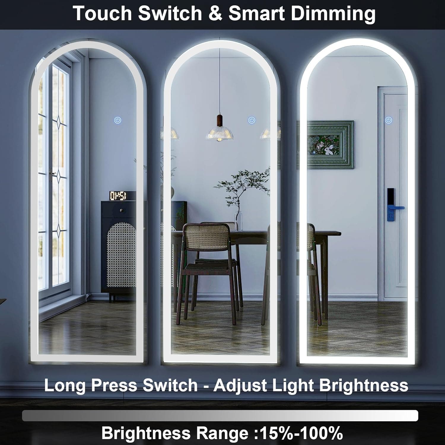 GLSLAND 20"x56" Arched LED Full Length Mirror with Lights – Wall Mounted or Standing Full Body Mirror for Bedroom/Cloakroom – Dimmable with 3 Color Lighting Modes Arched 56"L x 20"W - Image 4