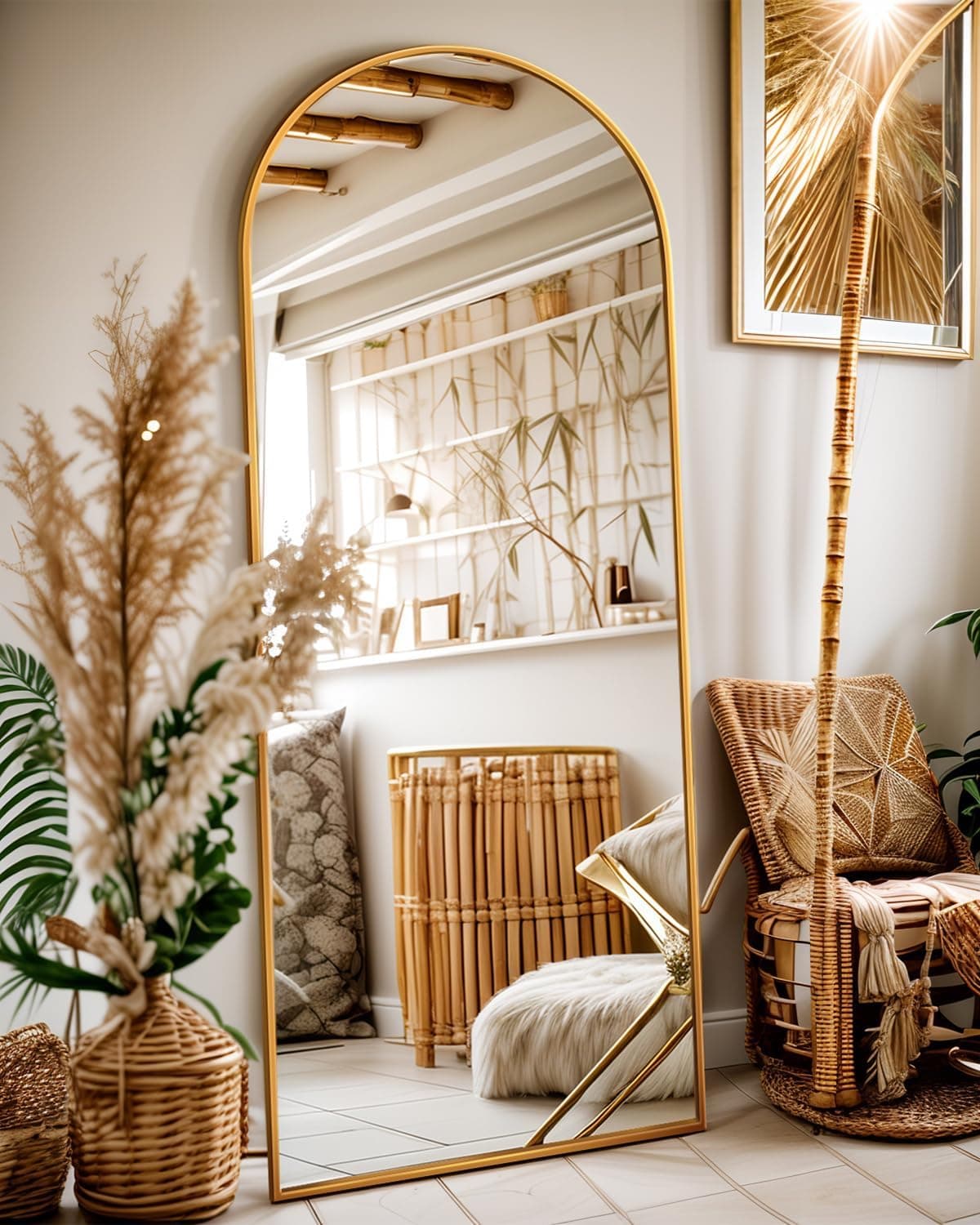 Antok Full Length Mirror, 58"x19" Floor Mirror, Arched Floor Standing Freestanding Arch Full Body Mirrors with Stand for Bedroom, Hanging Mounted for Living Room Cloakroom,Gold Gold 58"L x 19"W