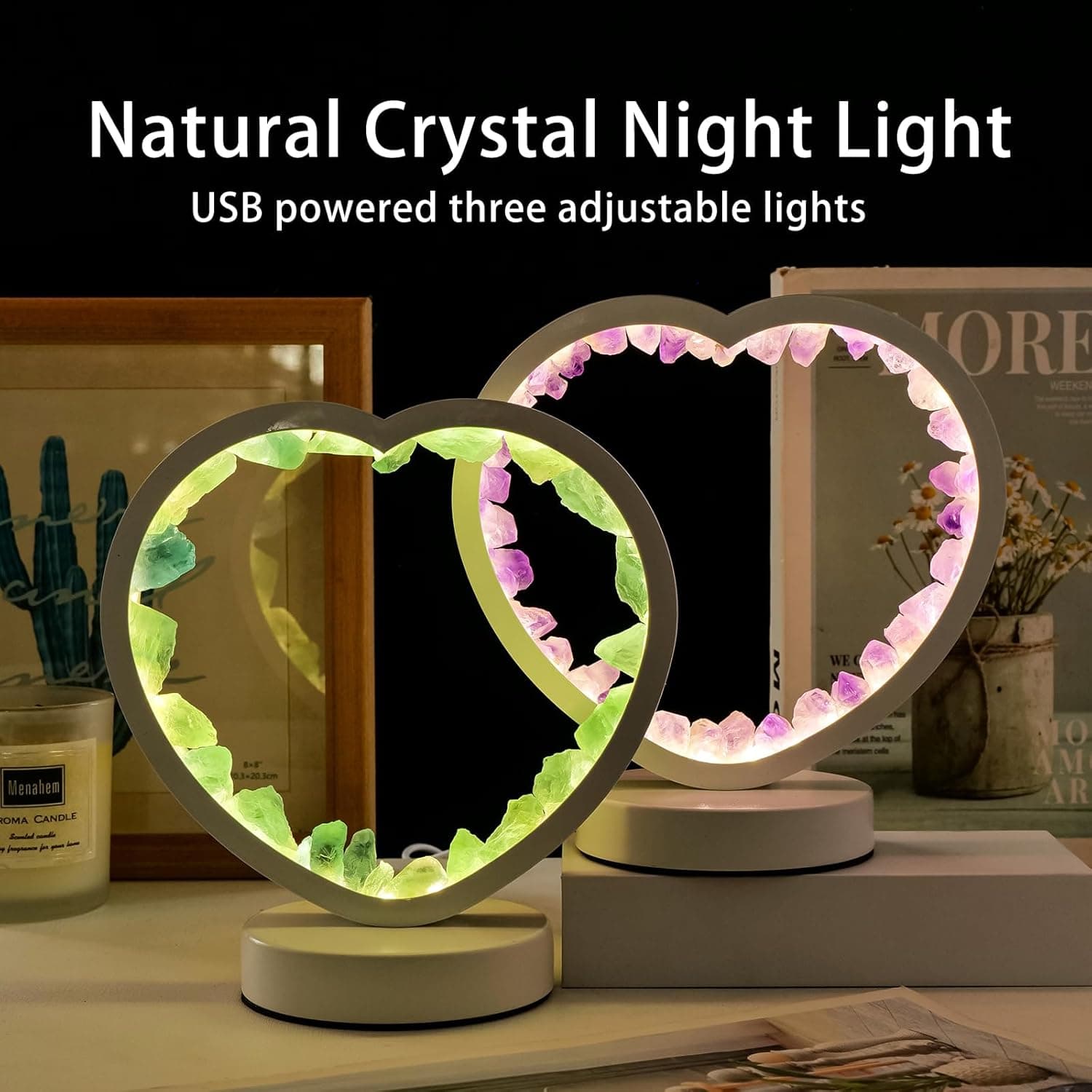 Runyangshi Natural Crystal Night Lamp Heart Shape Bedroom Bedside Sleep Night Light Healing Crystal Gemstone Green Fluorite Light Tri-Color Ambient Light USB Powered for Home Decor Mother's Day Gift Green fluorite Tri-Color light - Image 6