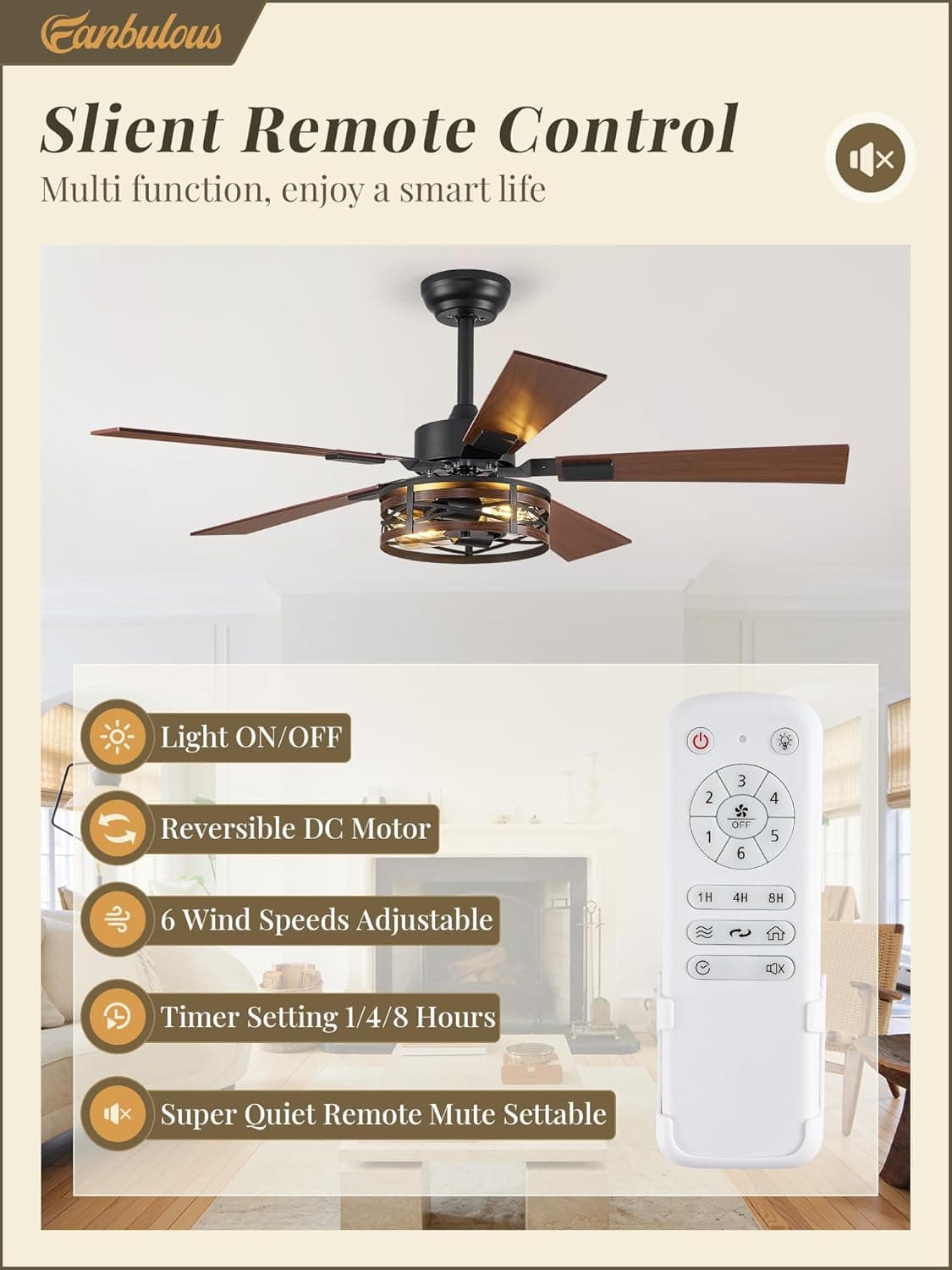 Fanbulous Farmhouse Ceiling Fans with Light, 48 Inch Bedroom Ceiling Fan with Lights, 6-Speed Adjustable, Quiet and Reversible DC Motor, Dual Finish 5 Blades, Rustic Caged Ceiling Fan for Living Room Black and Walnut 48 Inch - Image 3