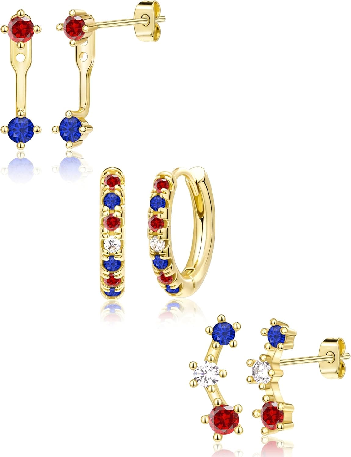 Gold Plated Stud Huggie Earrings Stack for Women Trendy, 3 Pairs Small Cute Hoop Jacket Cartilage Earring Set, Fashion Accessories Holiday Western Jewelry Christmas Gifts Gold-Tone 4th of July earrings(Gold Red White Blue) - Image 2