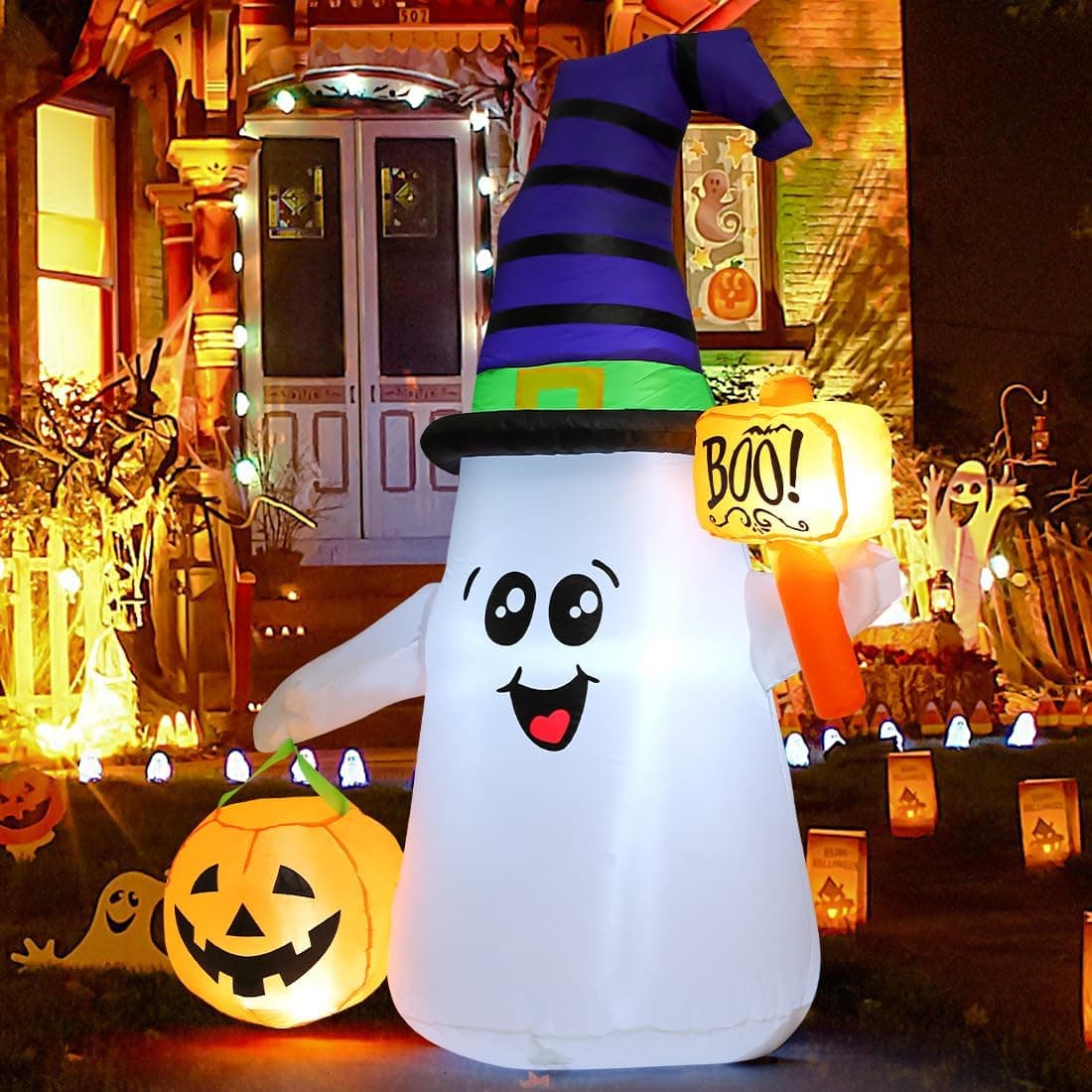 GOOSH 5 FT Halloween Inflatables Ghost Outdoor Decorations Blow Up Yard Cute Wizard Ghost with Pumpkin with Built-in LEDs for Garden Lawn Indoor Party Holiday Decor - Image 4