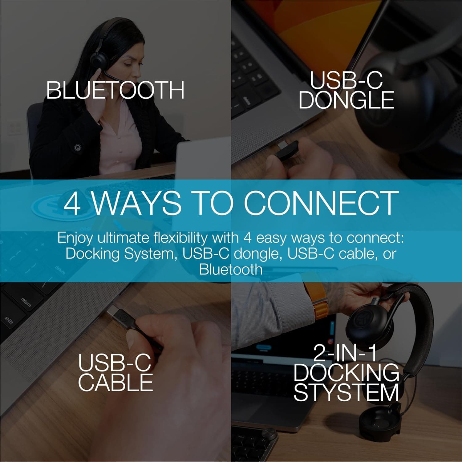 JLab Epic Work Wireless Headset na may Microphone, Smart Active Noise Cancellation, Charging Hub, 90+ Playtime, Quick Mute, Bluetooth Headphones, Multipoint Connect, PC, Laptop, Mobile, (1 Pack) - Image 4