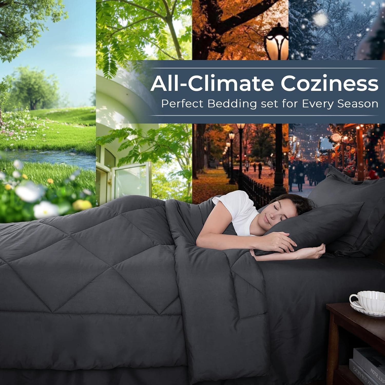 HEVUMYI Ensemble de Couette Queen de 7 Pièces, Ensemble de Lit Réversible Toutes Saisons, Ensemble de Literie Ultra Doux avec Couette Grise, Drap Plat, Drap Housse, Taies d'Oreiller, Housses de Coussin, Queen Gris Foncé - Image 4