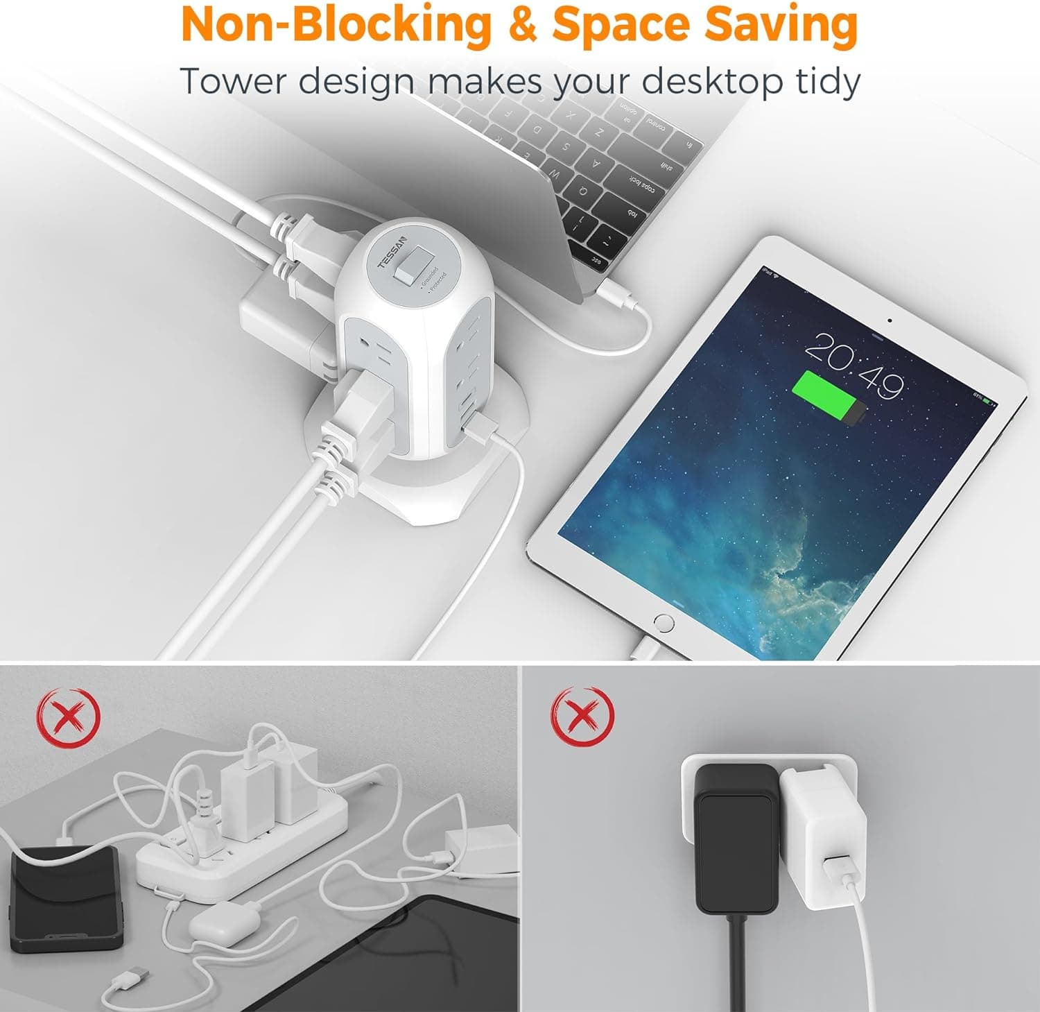 Tower Power Strip Flat Plug with 11 Outlets 3 USB (1 USB C), TESSAN Surge Protector Tower 1625W/13A,1050J Protection, 6 Feet Extension Cord with Multiple Outlets, Office Desk Supplies, Dorm Essentials 6 Feet White - Image 5