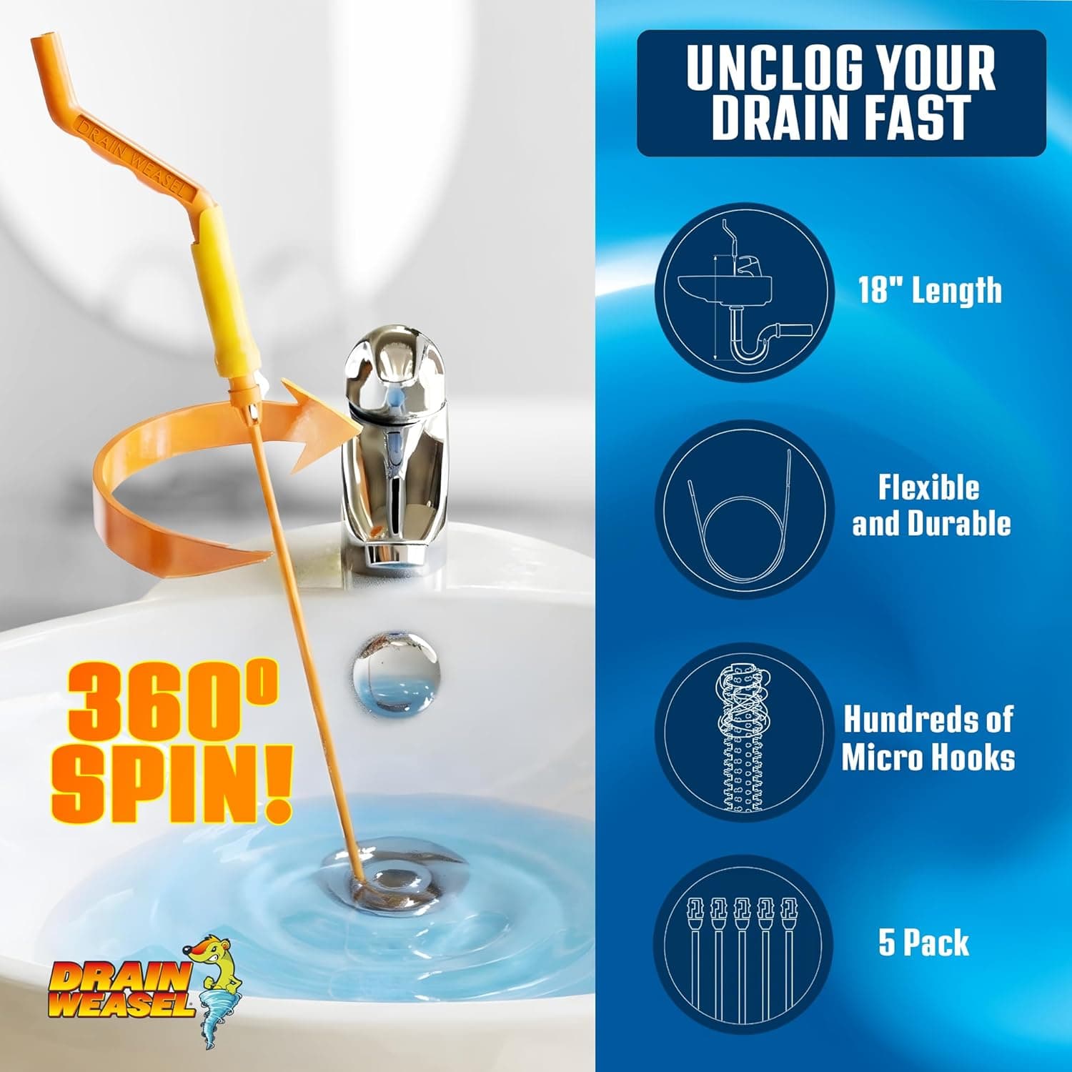 FlexiSnake Drain Weasel Sink Snake Hair Clog Remover Tool, Pipe, Bathroom, Bathtub Cleaner, 18-inch, Made in the USA, 5 Wands and Removable Handle 5 Pack - Image 2