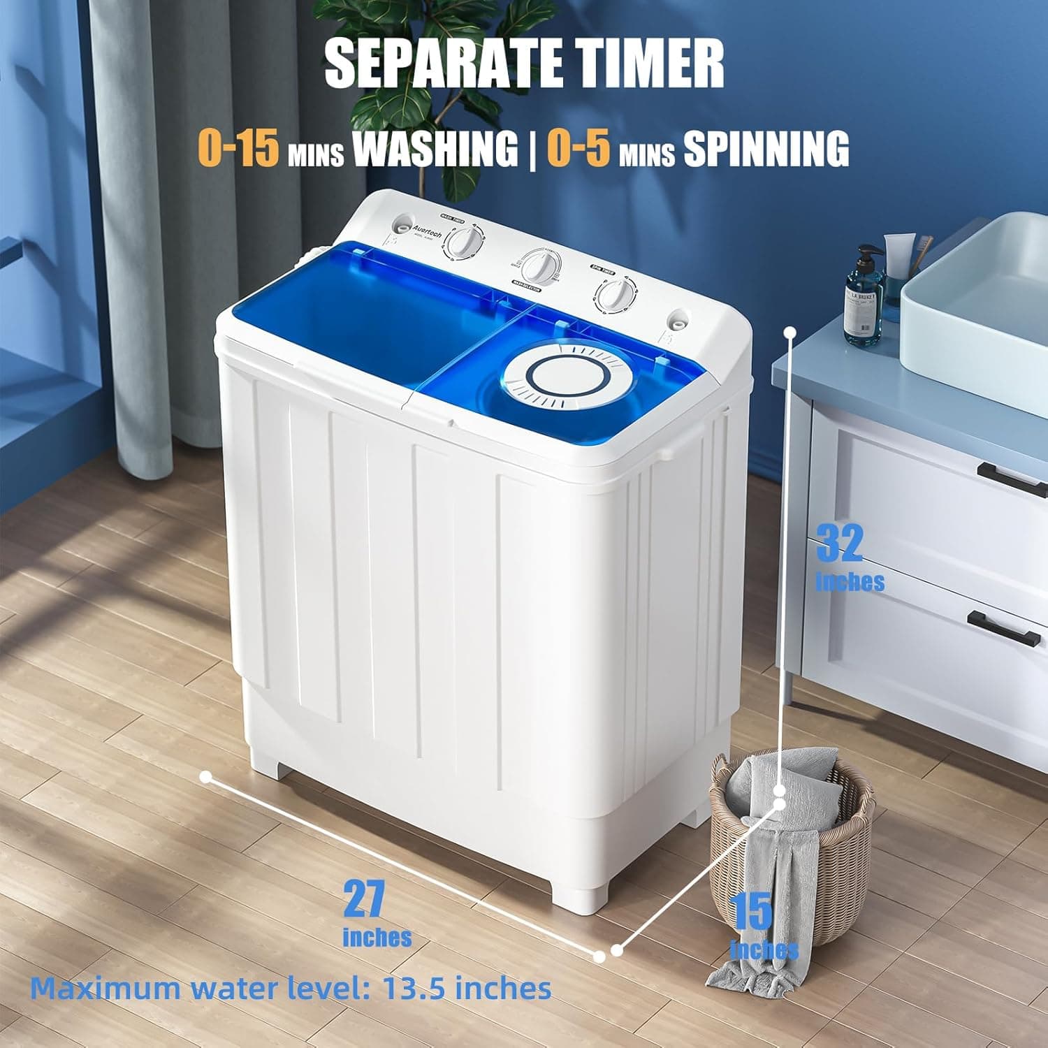 Auertech Portable Washing Machine, 28lbs Twin Tub Washer Mini Compact Laundry Machine with Drain Pump, Semi-automatic 18lbs Washer 10lbs Spinner Combo for Dorms, Apartments, RVs 28lbs capacity - Image 2