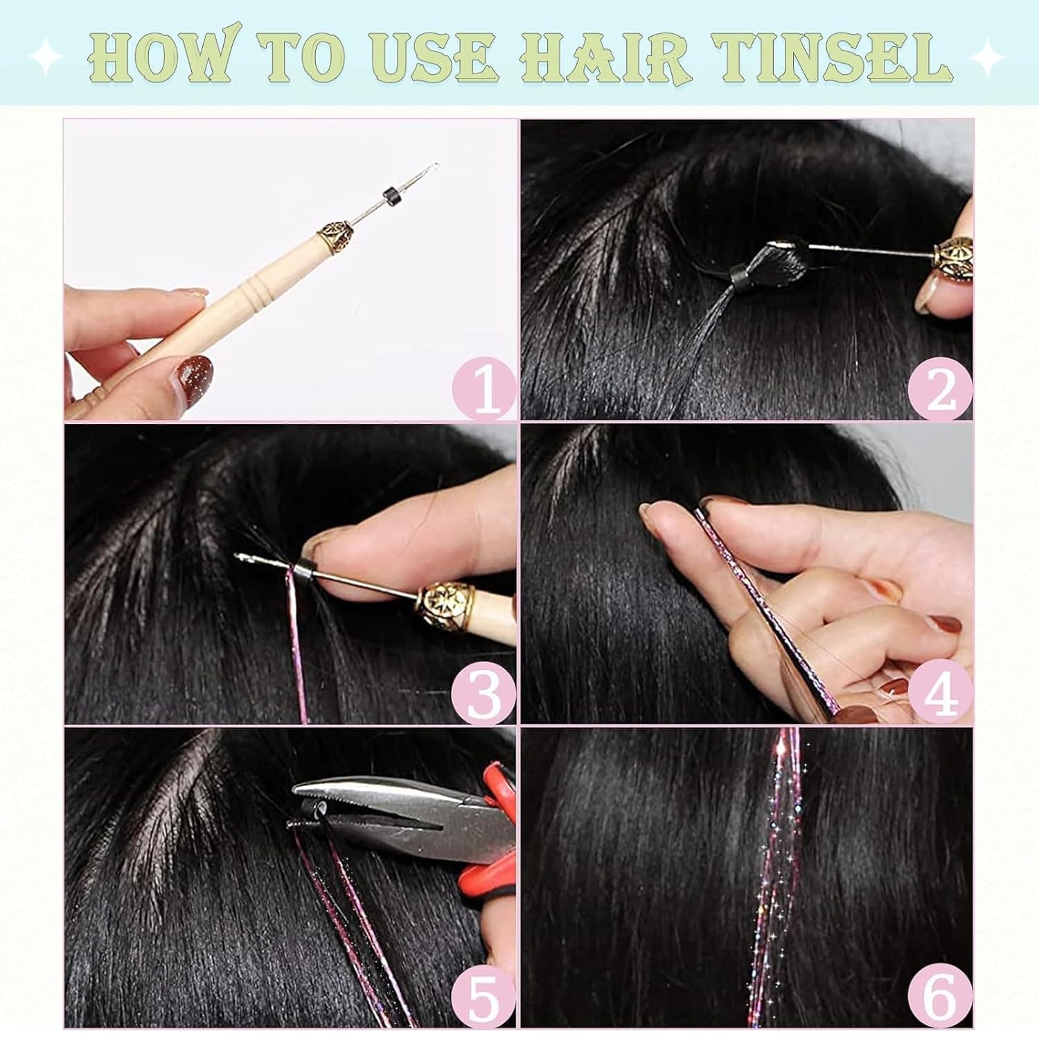 Hair Tinsel,18 Colors Hair Tinsel Kit for Girls 7600 Strands Fairy Tinsel Hair Extensions Holographic Hair Tinsel Heat Resistant Colored Hair Glitter Christmas Party Festival (18 Colors) - Image 8