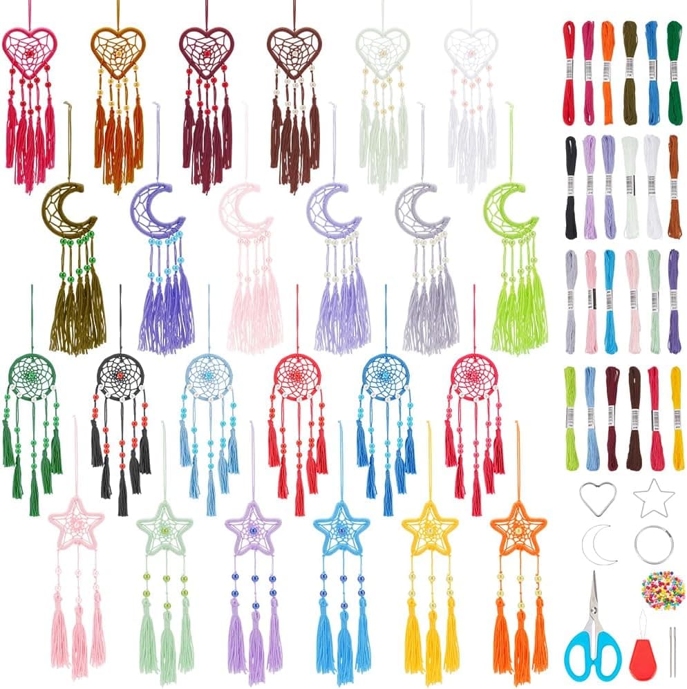 INFUNLY 24PCS DIY Small Dream Catcher Kits for Beginners Colorful Handmade Dreamcatcher Kit for Starters DIY Mini Star/Moon/Heart/Round Shape Ornament Making Kit for Bedroom Car Mirror Keychain Bag Love + Moon + Circle + Star - Image 2