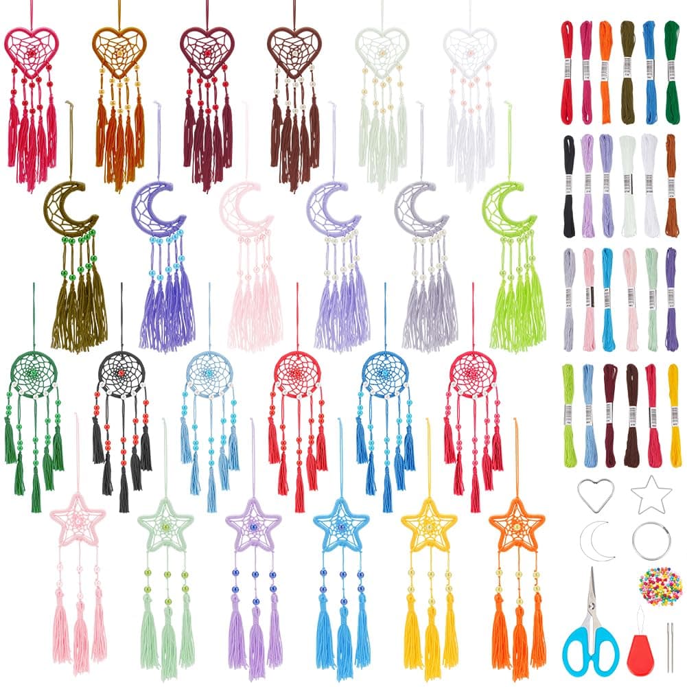 INFUNLY 24PCS DIY Small Dream Catcher Kits for Beginners Colorful Handmade Dreamcatcher Kit for Starters DIY Mini Star/Moon/Heart/Round Shape Ornament Making Kit for Bedroom Car Mirror Keychain Bag Love + Moon + Circle + Star