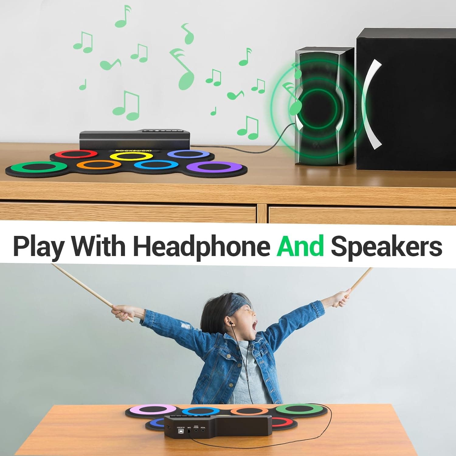 ROCKSOCKI Electric Drum Set, 7-Pad Kids Electronic Drum Set with Headphone Included, Roll-up Drum Practice Pad, Great Holiday Xmas Birthday Gift for Kids 3-8 yrs old - Image 7