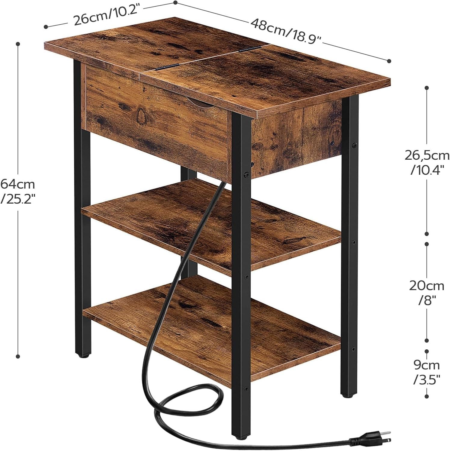 HOOBRO End Table with Charging Station, Narrow Side Table, Flip Top Nightstand with USB Ports and Outlets, Bedside Tables with Shelf for Small Spaces, Living Room, Rustic Brown BF341BZ01 1 Rustic Brown + Black - Image 4