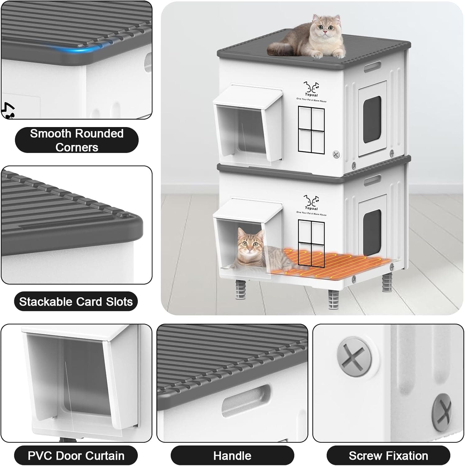 Heated Cat House for Outside, High Insulated Heated Outdoor Cat Shelter 100% Weatherproof with Escape Door, Elevated Outdoor Cat House with Heater for Feral Stray Barn Cat Kitty 17.7"x17"x17.5" Size 17.7" X 17" X 17.5" - Image 8