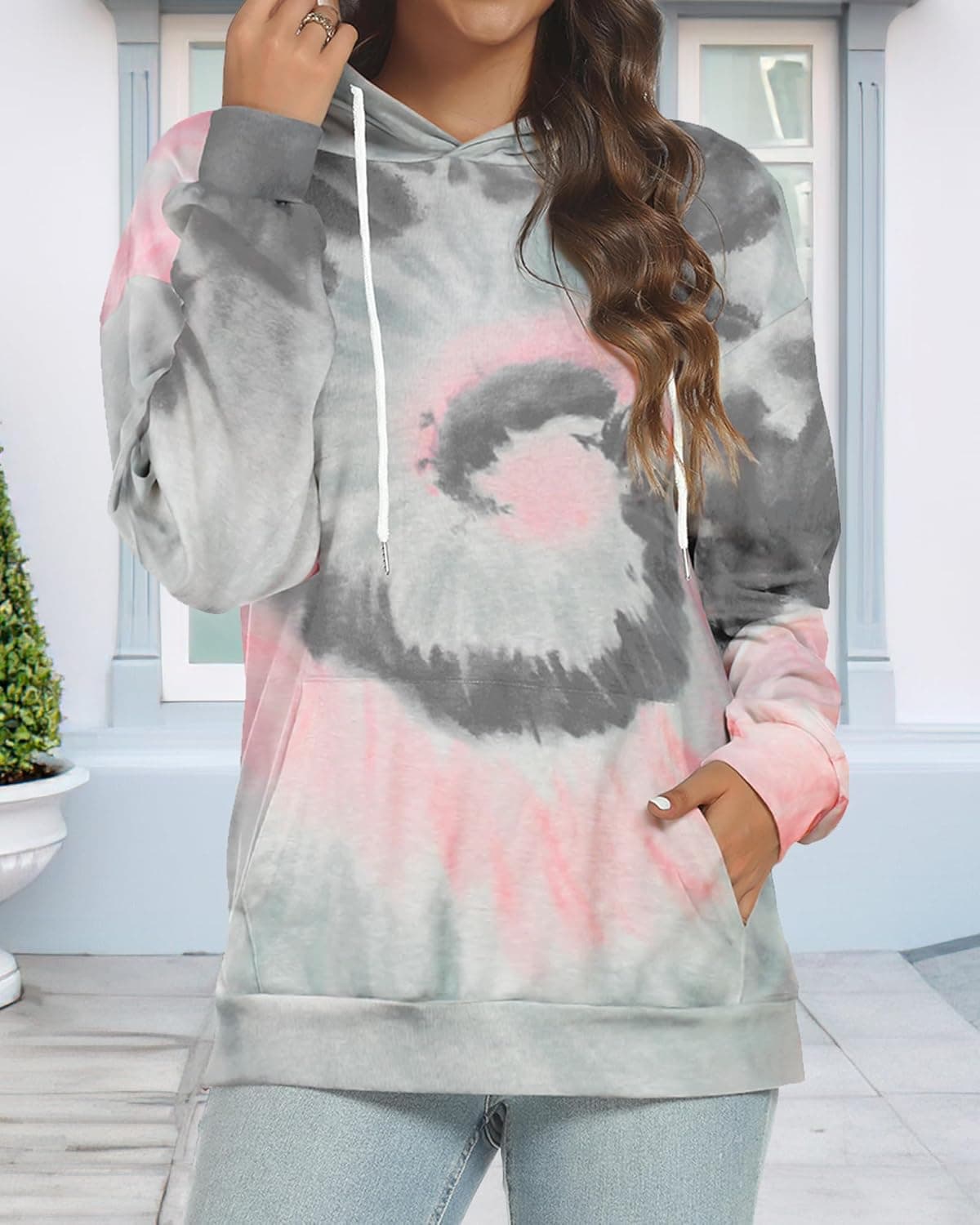 Women's Hoodies Long Sleeve Sweatshirts Drawstring Pullover Tops with Pocket Casual Loose Blouses Tunic X-Large Grey Pink Tie Dye - Image 3