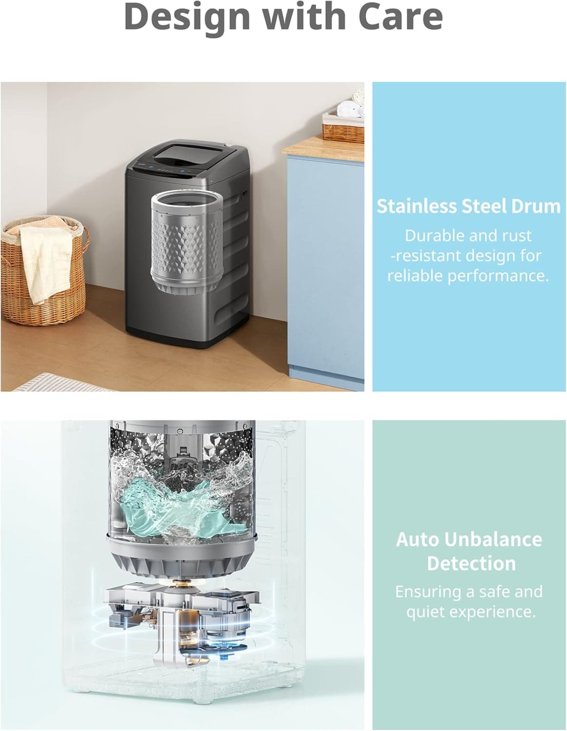 Comfee Portable Washing Machine, 0.9 cu.ft Compact Washer With LED Display, 5 Wash Cycles, 2 Built-in Rollers, Space Saving Full-Automatic Washer 0.9cu.ft Gray - Image 6