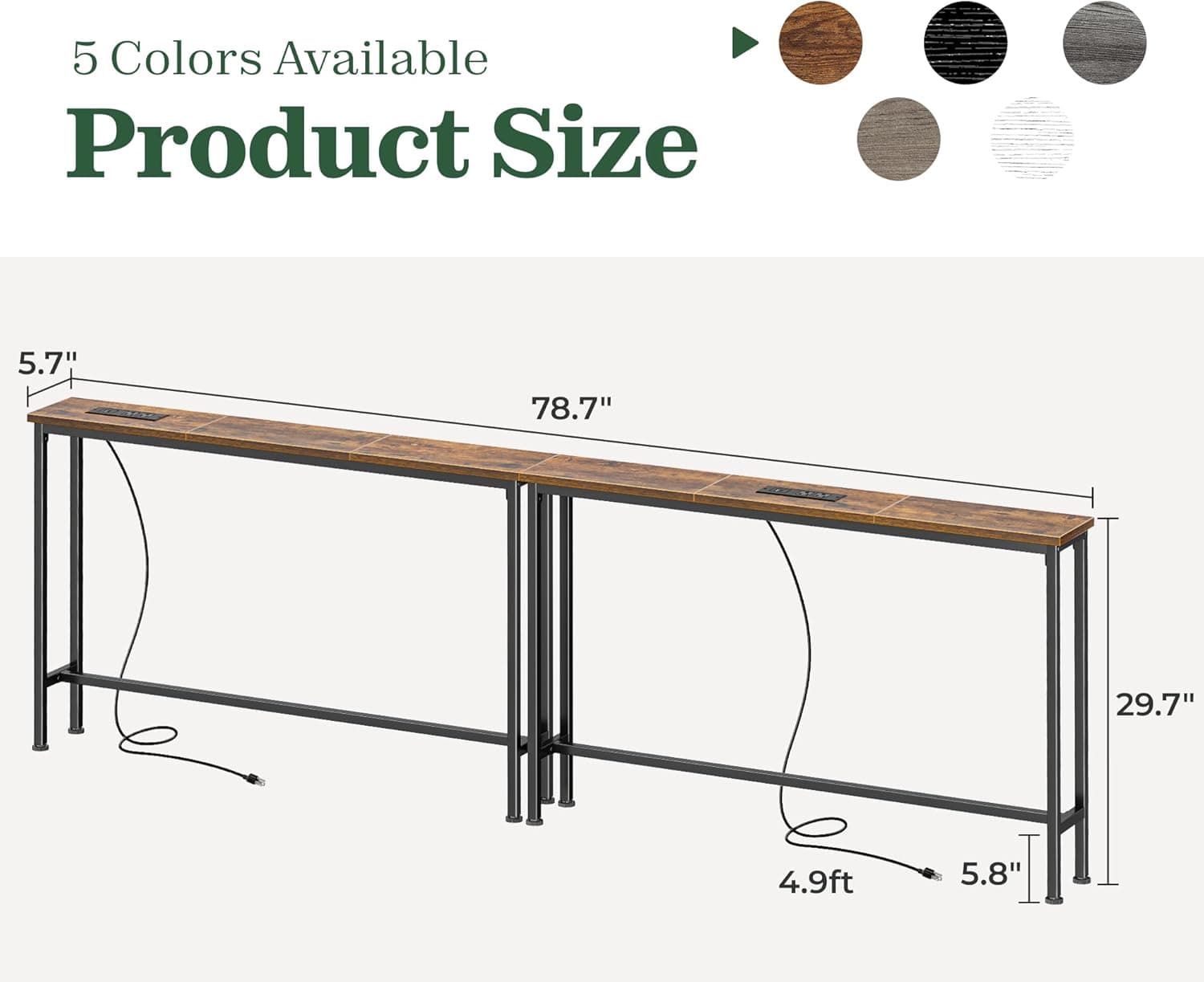 SUPERJARE 78.8 inch Narrow Console Table with Outlet, Sofa Tables, Behind Couch Table, Long Entryway Tables with Charging Station, for Living Room, Rustic Brown Rustic Brown 5.7''D x 78.7''W x 29.7''H - Image 3