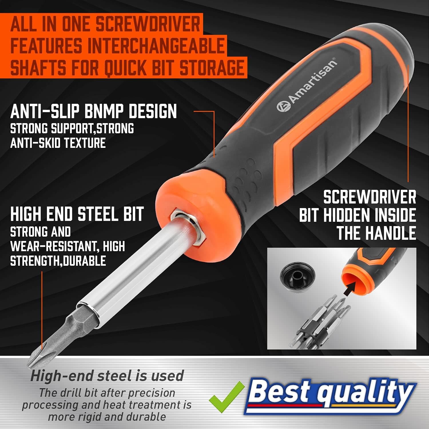 Amartisan 18-in-1 Multi-bit Screwdriver Set Tool All in One, Portable Multi-Purpose Screwdriver, Slotted/Philips/Pozi/Torx/Square,Nut Driver 18-in-1 Multi-bit Screwdriver Set Orange - Image 4
