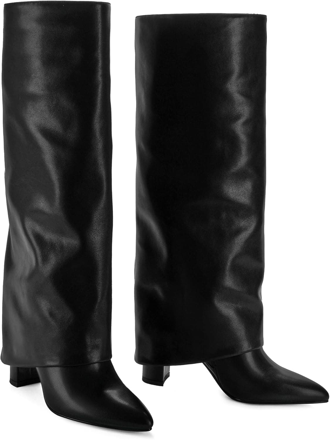 Modatope Knee High Boots Women Fold Over Knee High Boots Chunky High Heels Long Boots Zipper Pointed Toe Dress Tall Boots for Women 7 Black Pu - Image 3