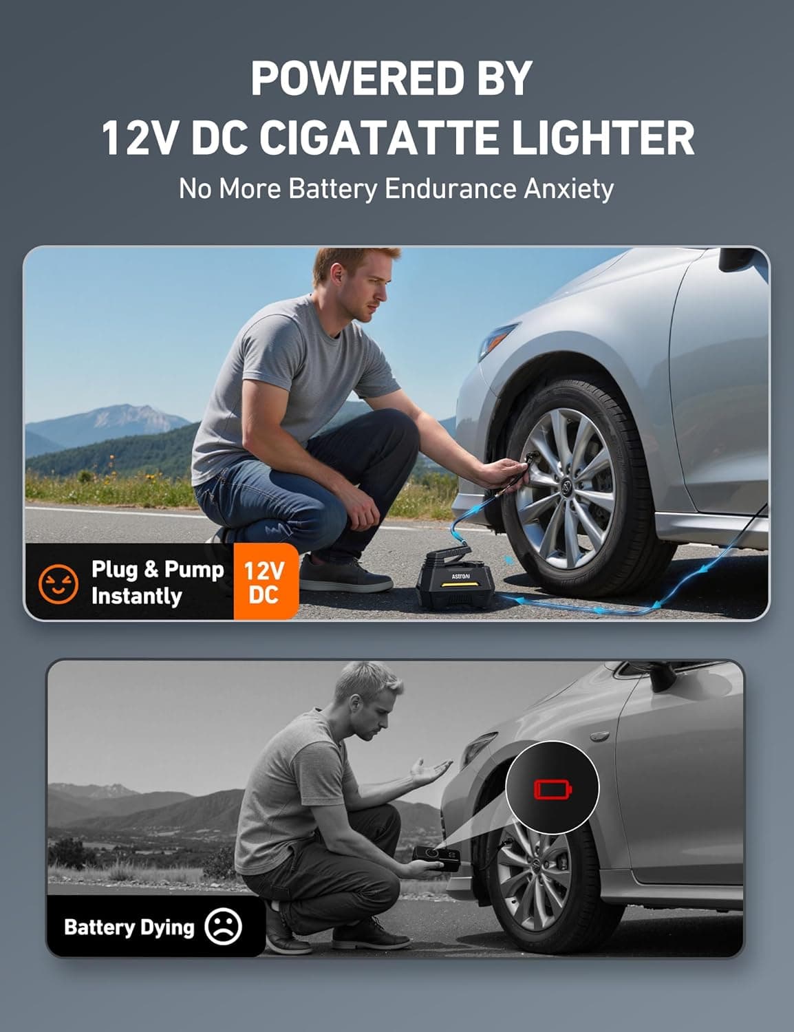 AstroAI 便携式轮胎充气泵 汽车轮胎空气压缩机 - 汽车配件，9.8英尺电缆 - 12V直流电源自动泵 - Image 7