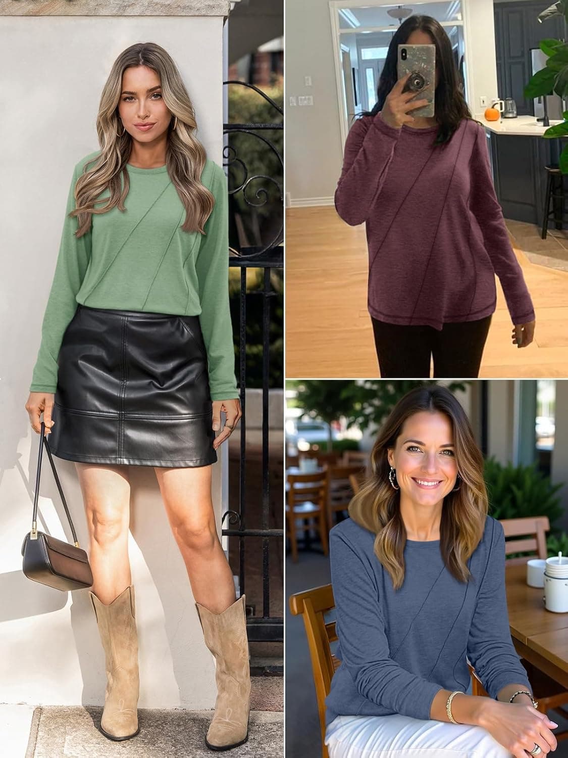 ATHMILE Womens Long Sleeve Shirts Pleated Crew Neck Casual Fall Fashion Tops Loose Fit Lightweight Girls Outfits Clothes Large Light Green - Image 4