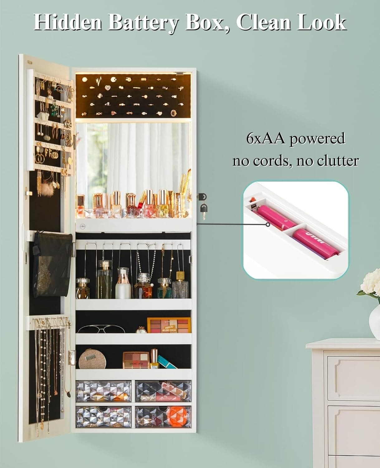 LUXFURNI LED Lights Mirror Jewelry Cabinet Wall Mounted or Door-Hanging, 42" Full Length Mirror with Storage, Built-in Makeup Mirror, Lockable Jewelry Mirror Organizer, White Full Frame White - Image 6