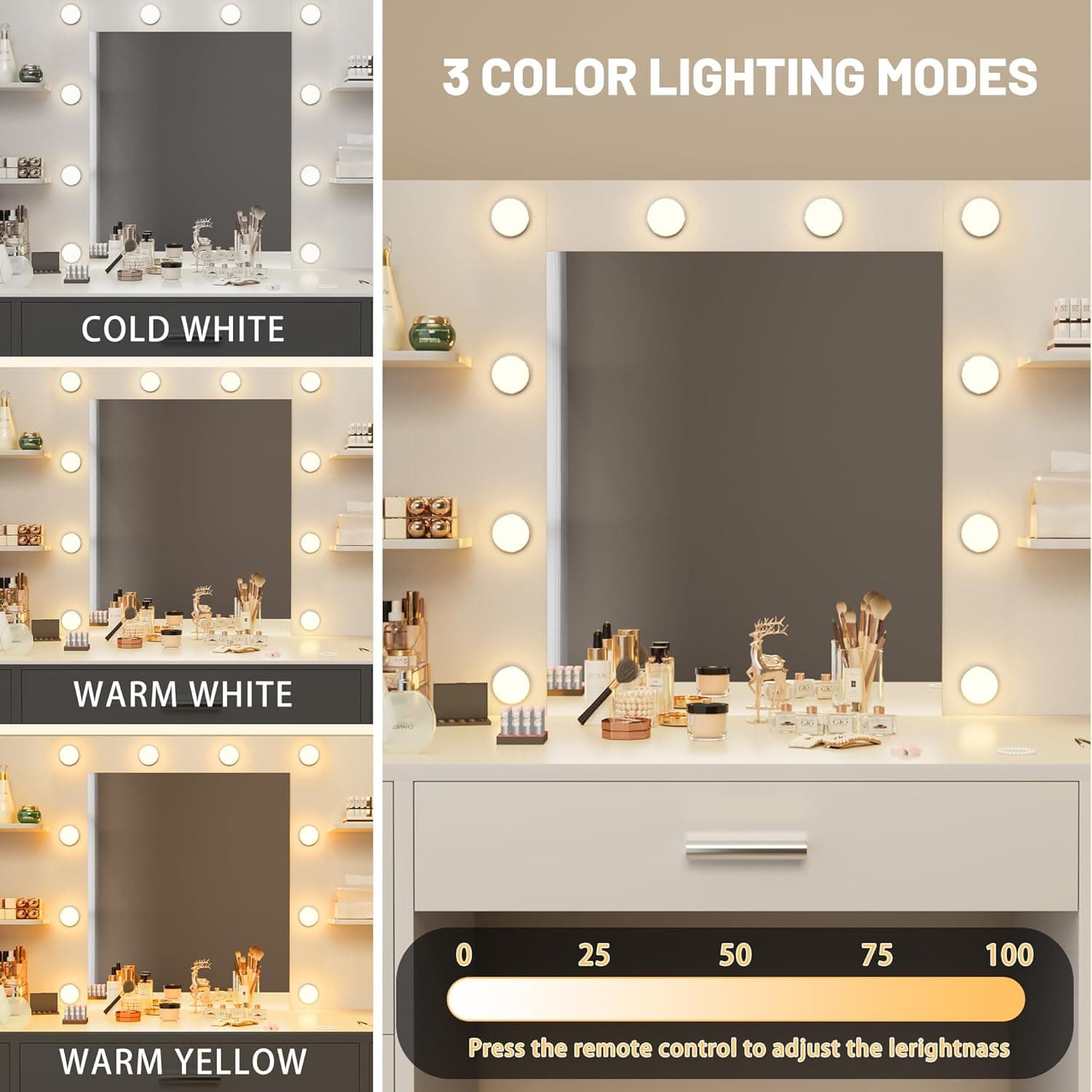 Furmax Vanity Desk with Mirror, LED Lights and Power Outlet Makeup Vanity Table with 7 Drawers and 6 Storage Shelves Dressing Table for Bedroom Dressing Room (White) - Image 4