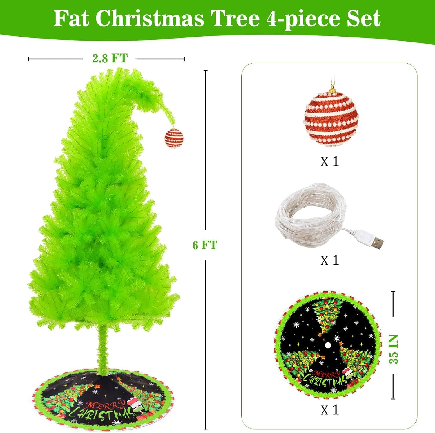 6 FT Grinchie​ Christmas Tree, Top Curved 6ft Upright 7ft Lime Green Xmas Tree with Tree Skirt, Easy Setup Whimsical Artificial Christmas Tree for Christmas Decorations - Image 10