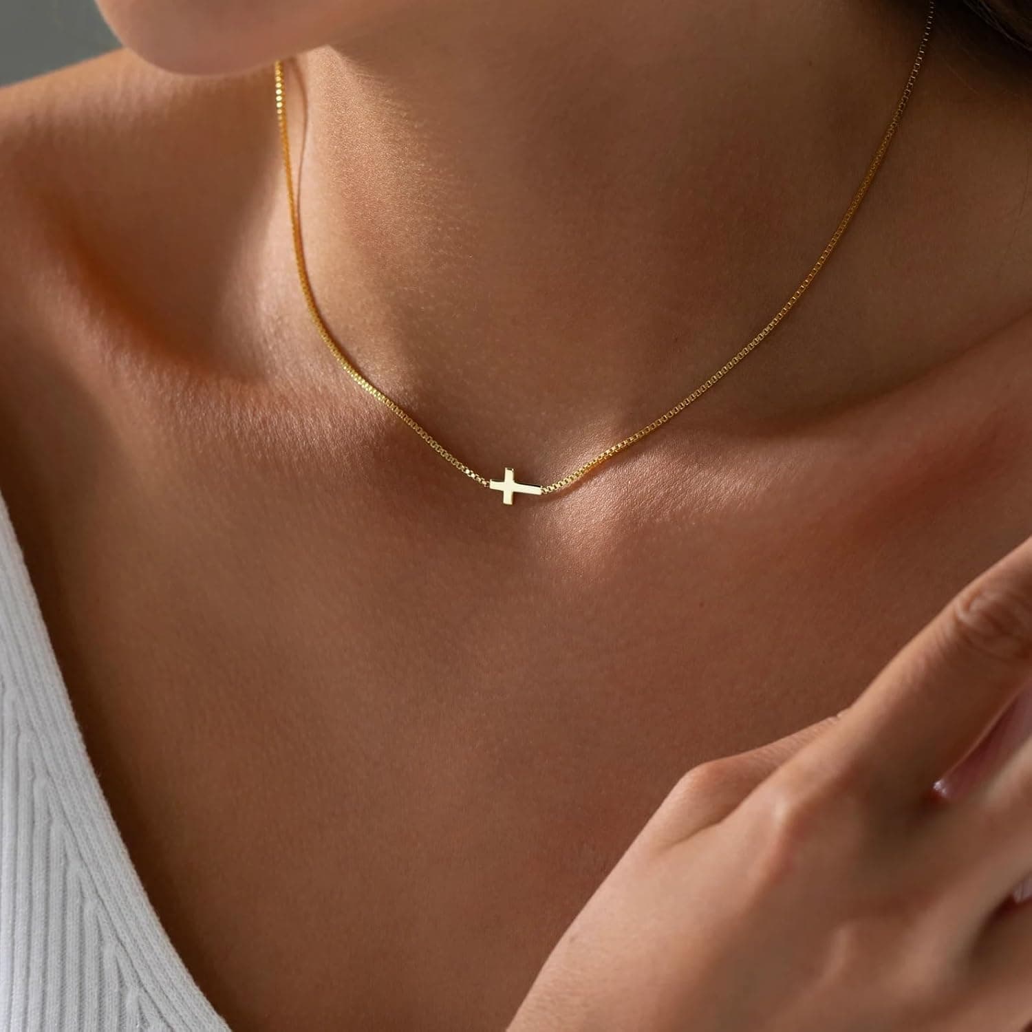 Cross Necklace for Women 14K Gold Silver Plated Dainty Small Cross Pendant Choker Simple Trendy Cute Cross Charm Chain Necklace Easter Basket Stuffers Baptism Religious Faith Jewelry Gift Box Chain Sideways Cross-GD - Image 3