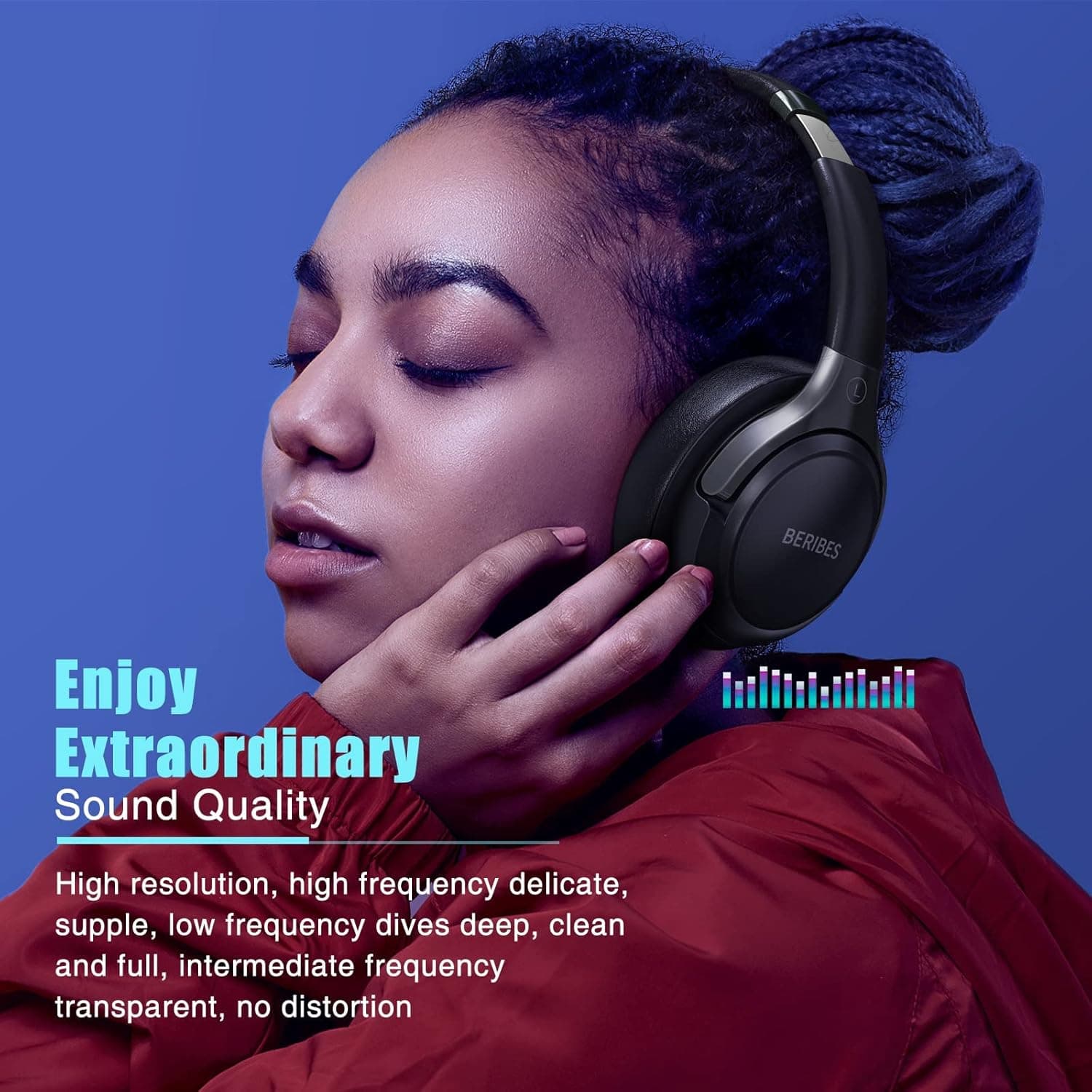 BERIBES Bluetooth Headphones Over Ear, 65H Playtime and 6 EQ Music Modes Wireless Headphones with Microphone, HiFi Stereo Foldable Lightweight Headset, Deep Bass for Home Office Cellphone PC Ect. Black - Image 6