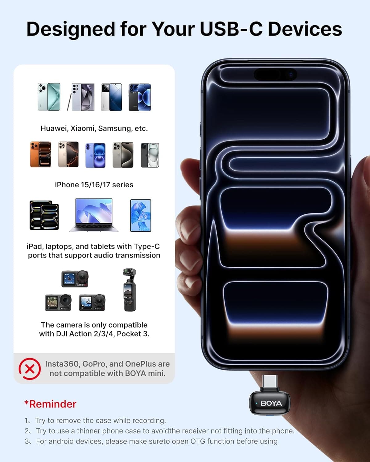 BOYA mini 2 Wireless Lavalier Microphones for iPhone 15/16/17 & Android, AI Noise Cancellation, App Control, 30H Battery Life with Charging Case, Lapel Microphone Wireless for Video Recording Vlogging Type-C-Black - Image 5